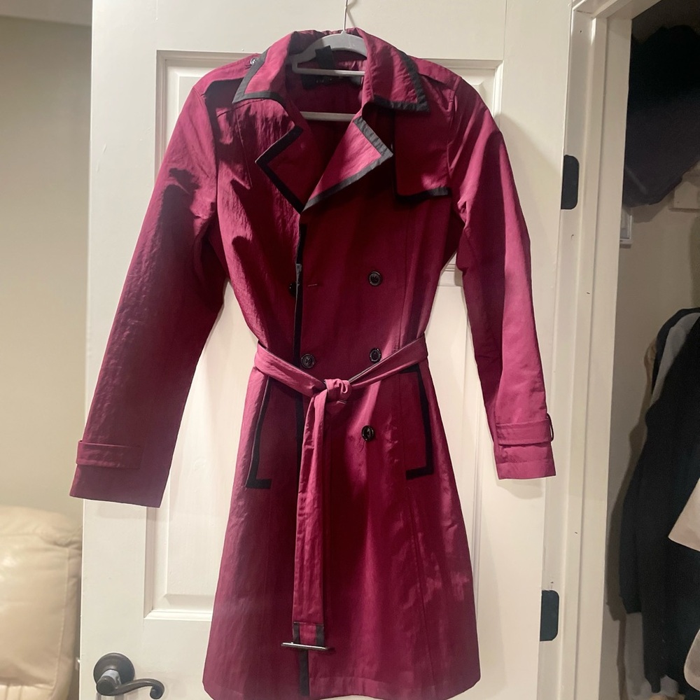 Apostrophe Raspberry Trench Coat with Black Accents